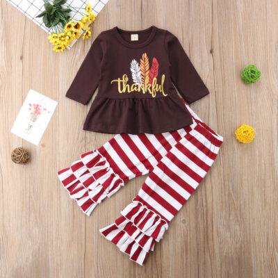 Thanksgiving Long Sleeve Ruffles Striped Flare Pants Set - Image 2