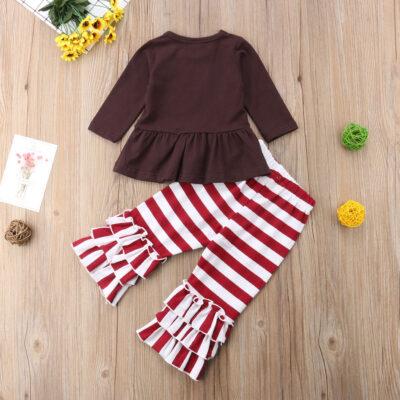 Thanksgiving Long Sleeve Ruffles Striped Flare Pants Set - Image 6