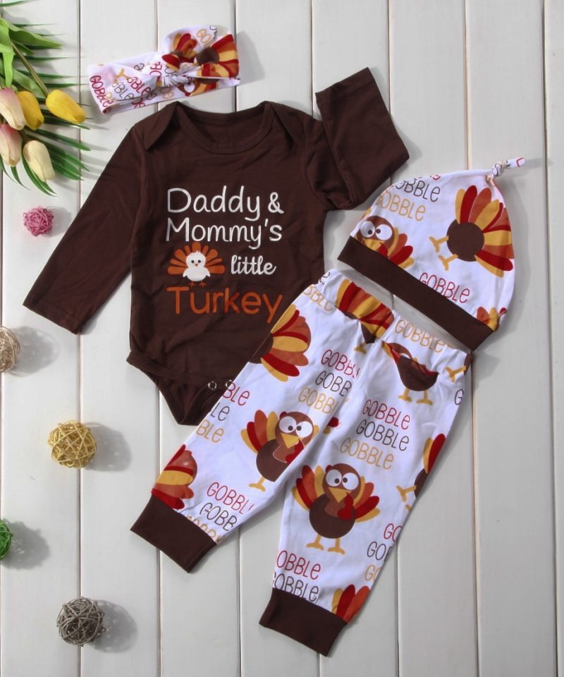 Thanksgiving Bodysuit Pant Hat Headband 4Pcs Set Girls/Boys