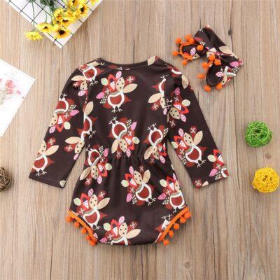 Thanksgiving Romper Tassel Bow Headband 2Pcs - Image 3