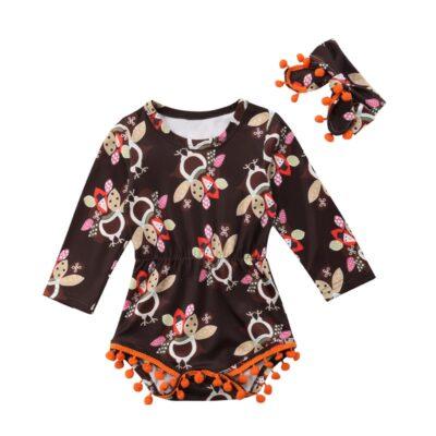 Thanksgiving Romper Tassel Bow Headband 2Pcs - Image 2